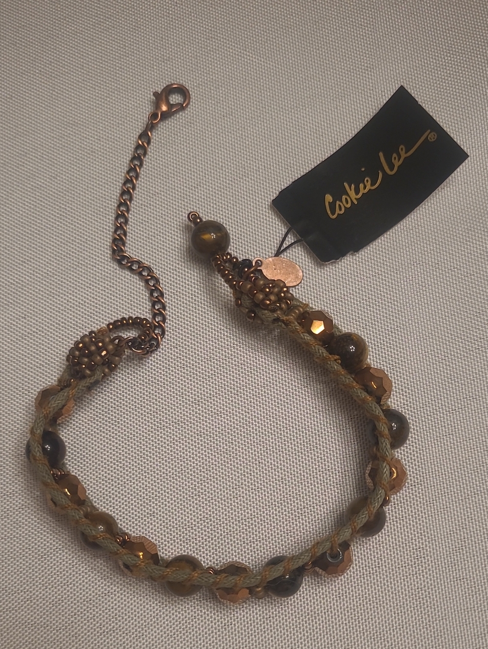 Cookie Lee 7" Tiger's Eye & Glass Seed Bracelet With Faceted Bronze Beads